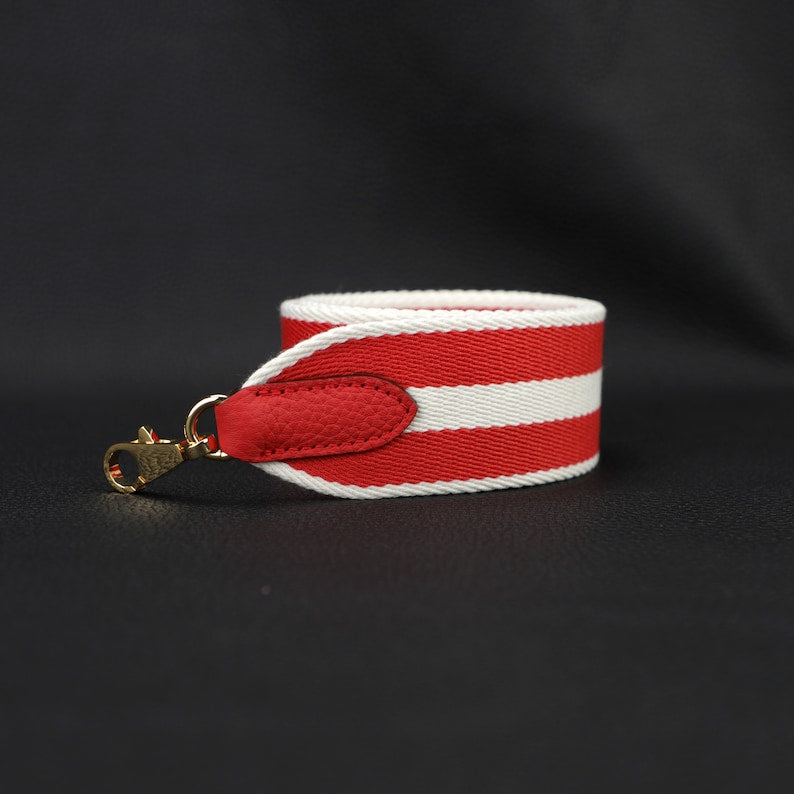 50mm Striped Canvas Shoulder Bag Strap: Togo Leather Accent