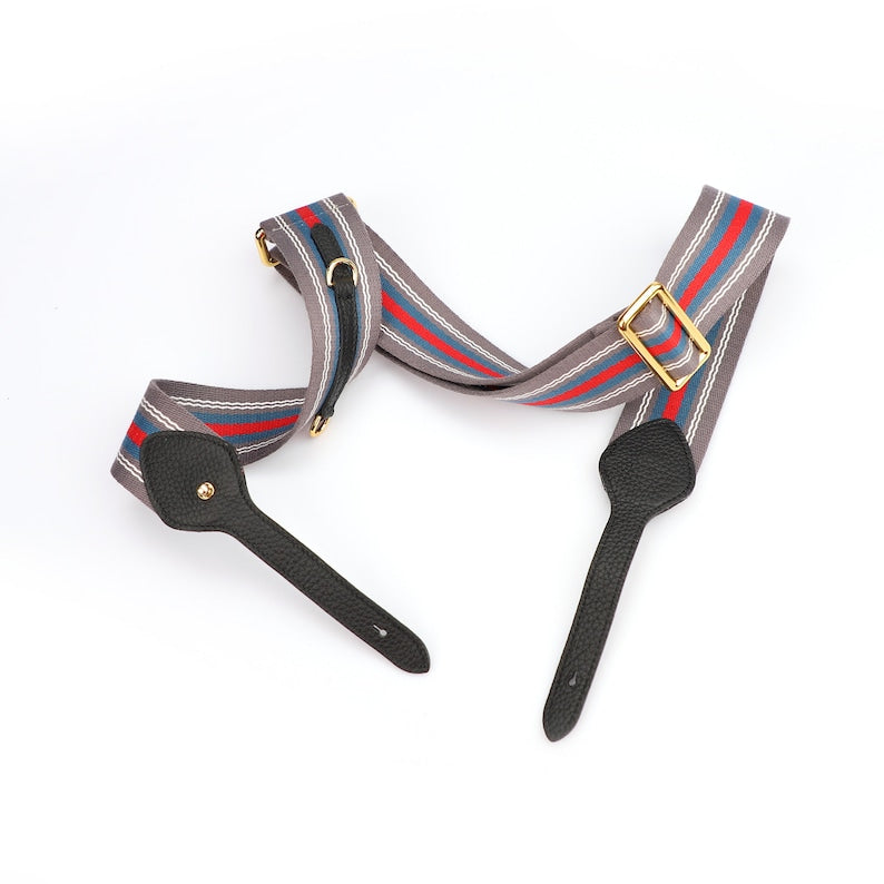 Striped Bag Strap: Adjustable Cotton Webbing with Black Leather Ends