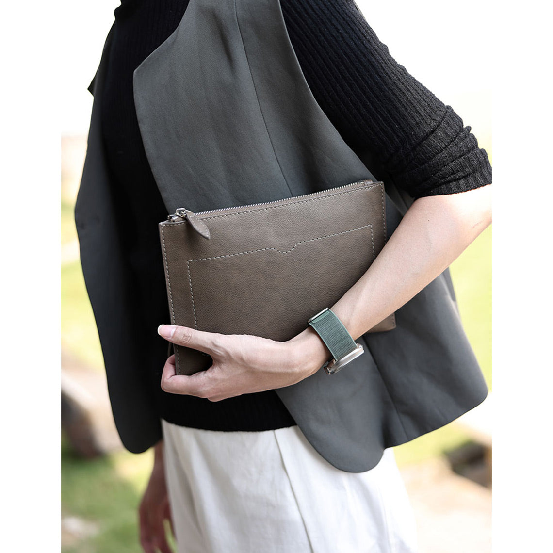 Men's Leather Handbag Clutch Bag in Grey - Wirkin™