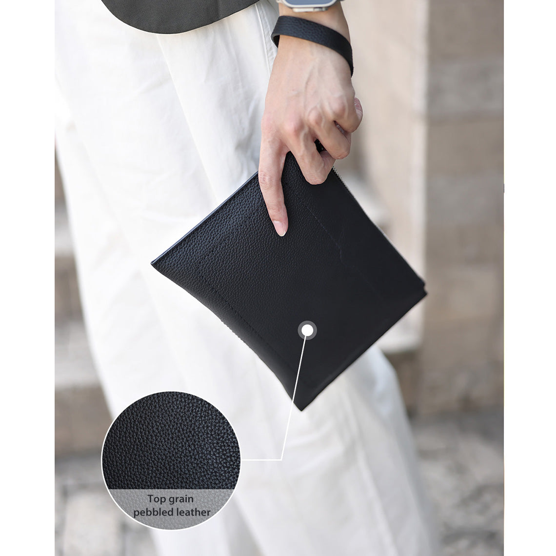 Mens Leather Clutch Bag with Wrist Strap | Top Grain Pebbled Leather Pouch - Wirkin™