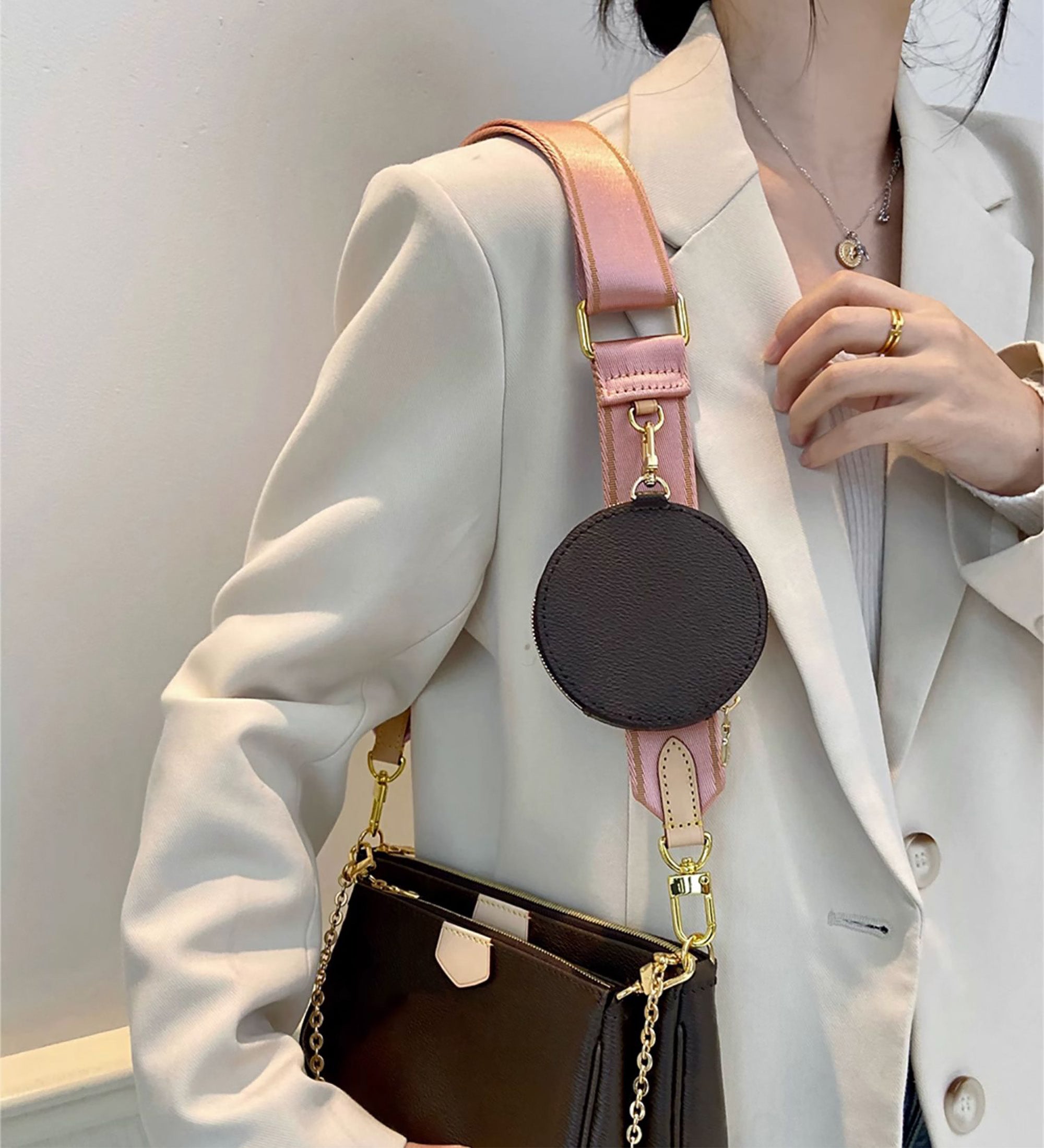 MULTI POCHETTE ACCESSOIRES Handbag with crossbody strap, canvas wide shoulder strap, pink adjustable handbag shoulder strap