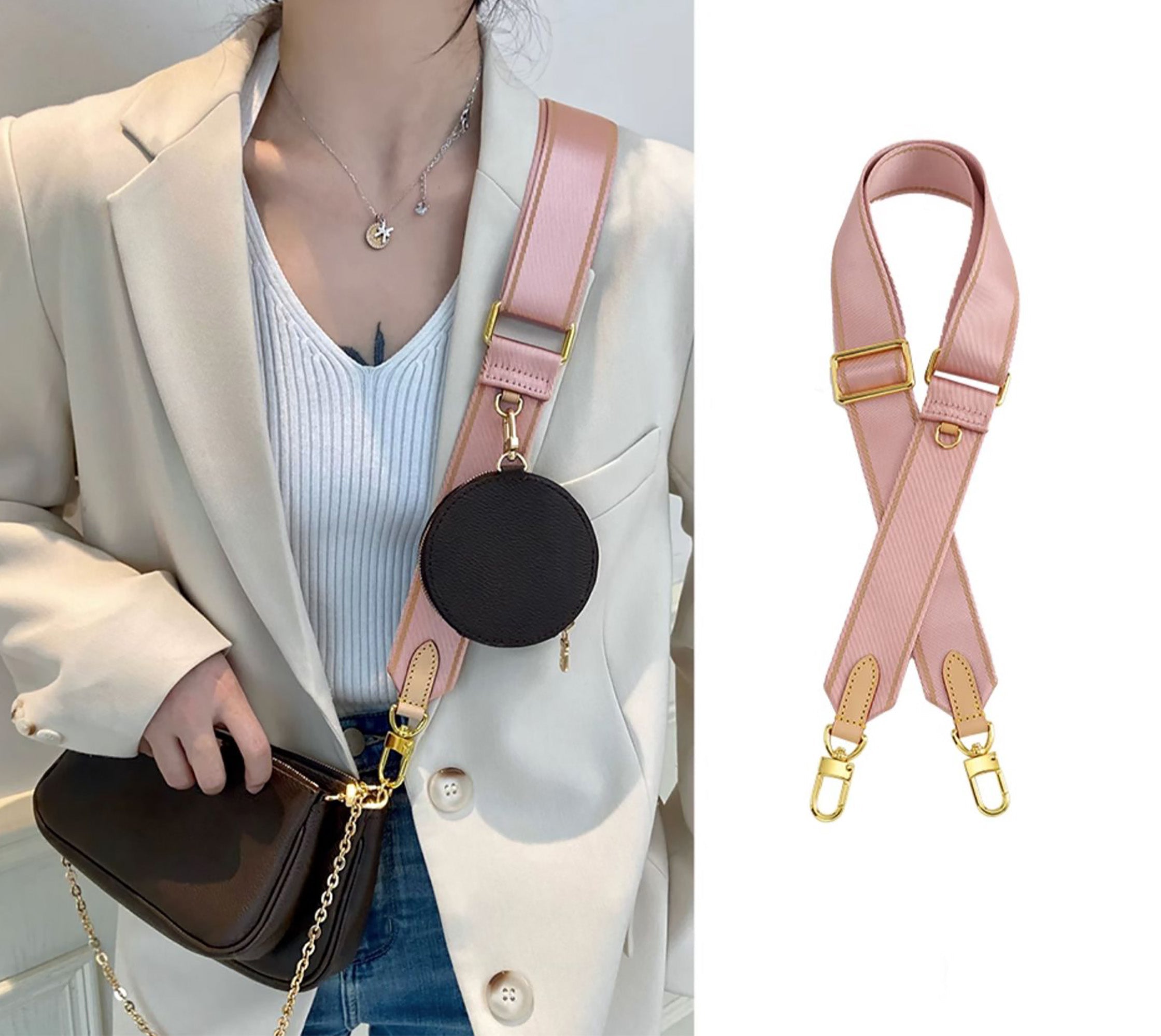 MULTI POCHETTE ACCESSOIRES Handbag with crossbody strap, canvas wide shoulder strap, pink adjustable handbag shoulder strap