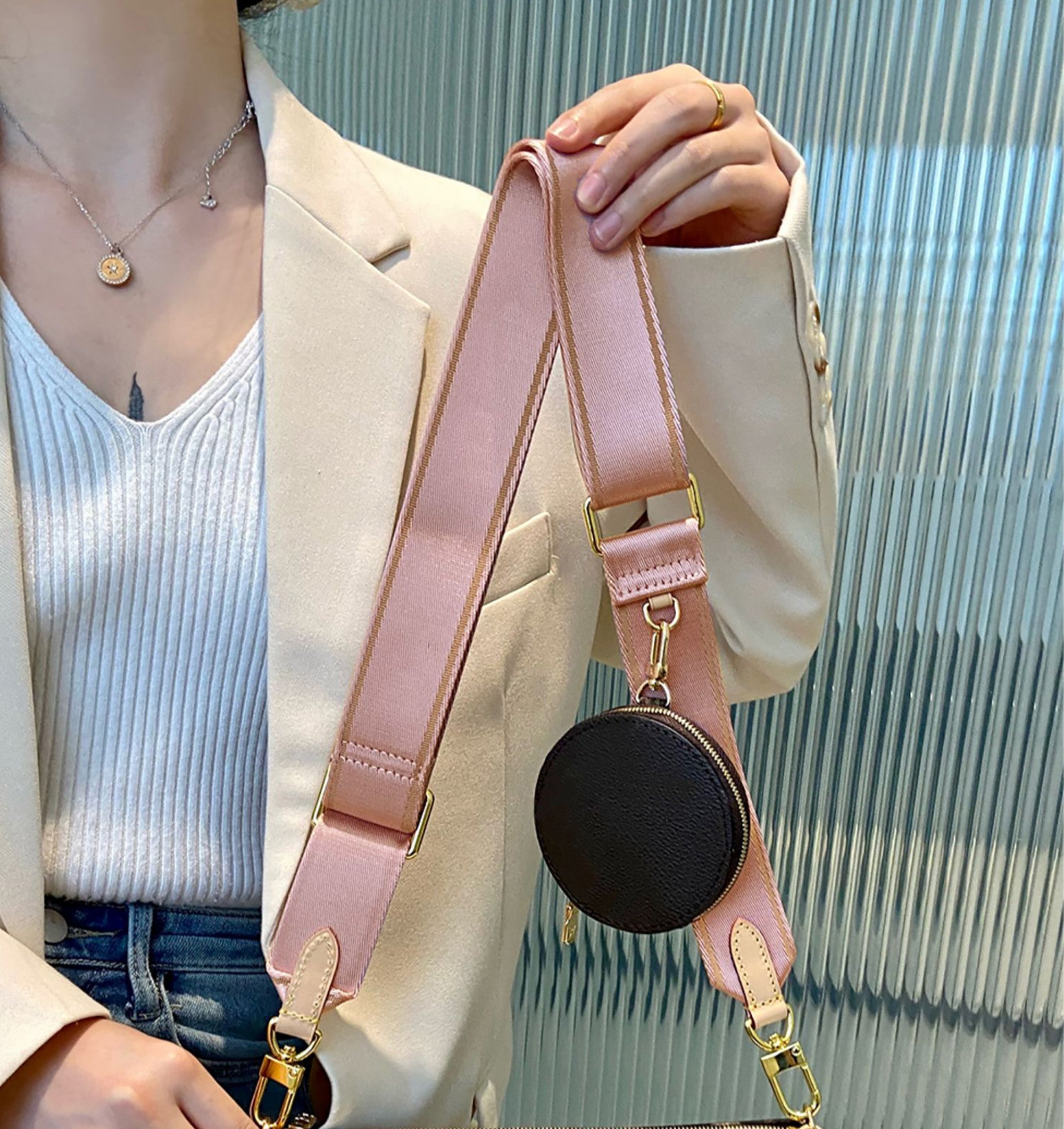 MULTI POCHETTE ACCESSOIRES Handbag with crossbody strap, canvas wide shoulder strap, pink adjustable handbag shoulder strap