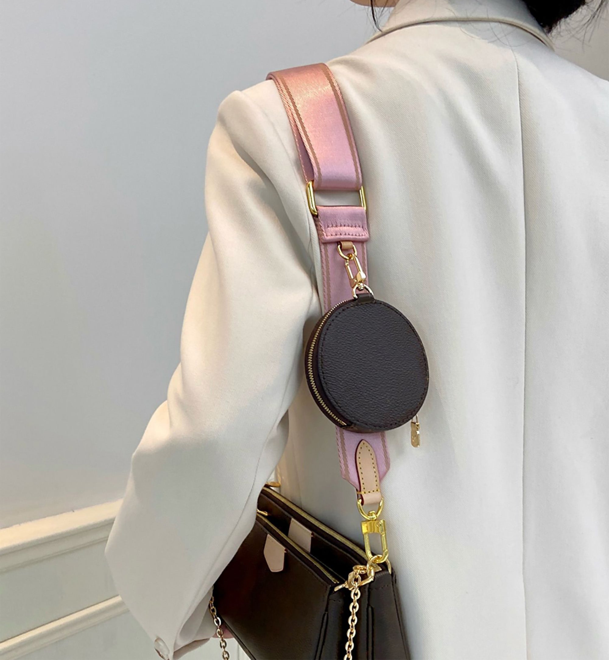 MULTI POCHETTE ACCESSOIRES Handbag with crossbody strap, canvas wide shoulder strap, pink adjustable handbag shoulder strap