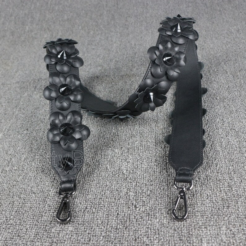 Luxury Black Leather Bandoulière (Designer Style): 3D Floral Appliqué & Studded Crossbody Strap