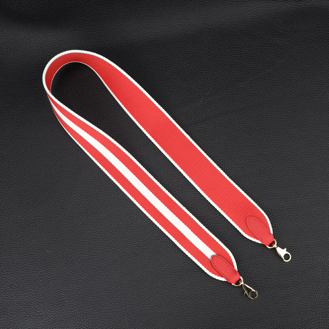 50mm Striped Canvas Shoulder Bag Strap: Togo Leather Accent