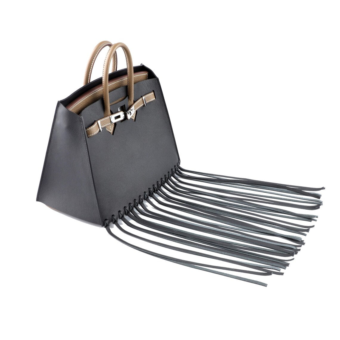 Black Fringe Bag Cover for Kelly bag | Leather Protective Bag Cape | Luxury Purse Cover with Long Tassels | Custom Handmade Bag Accessory