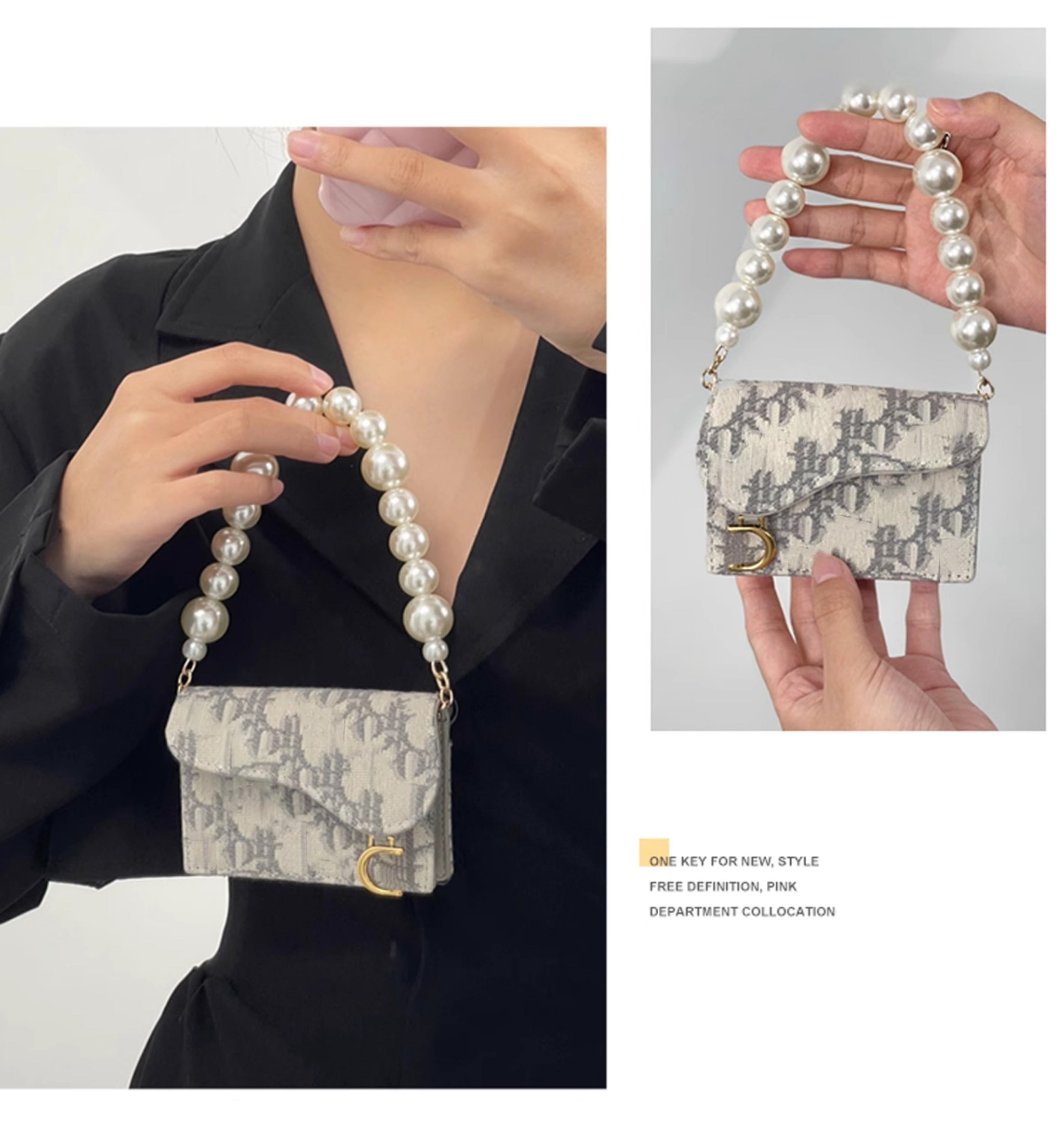 Pearl chain suitable for women's cardholder transformation, crossbody shoulder strap wallet insert accessory