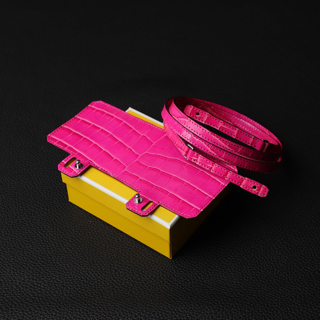 Rose Shocking Embossing crocodile kelly long wallet strap and Black Embossing Leather crocodile Constance Long wallet shoulder strap