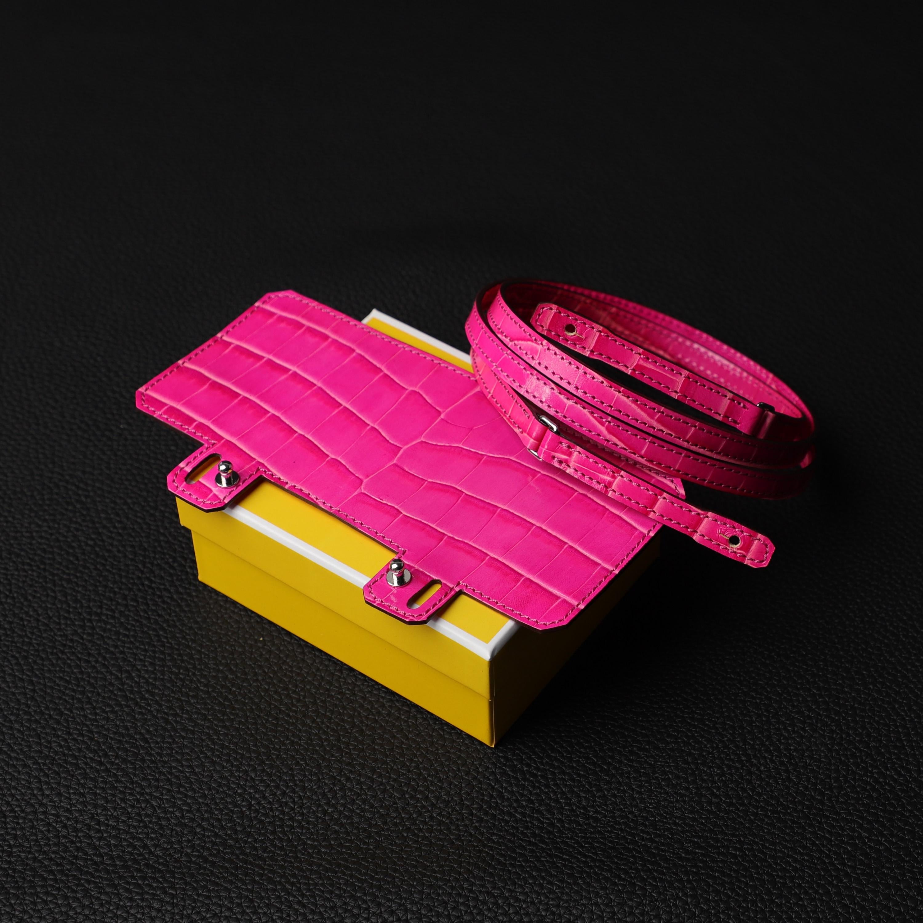 Rose Shocking Embossing crocodile kelly long wallet strap and Black Embossing Leather crocodile Constance Long wallet shoulder strap