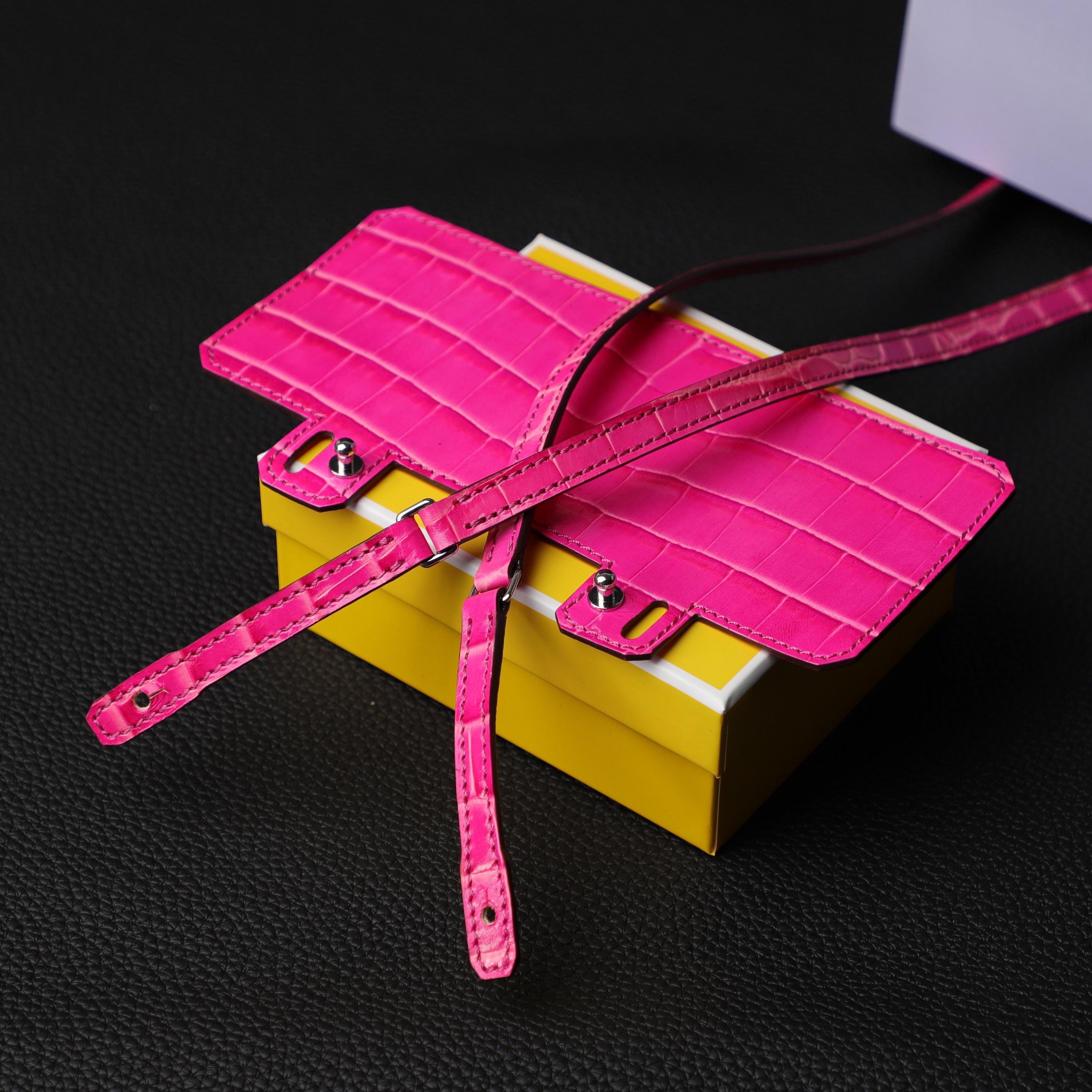 Rose Shocking Embossing crocodile kelly long wallet strap and Black Embossing Leather crocodile Constance Long wallet shoulder strap
