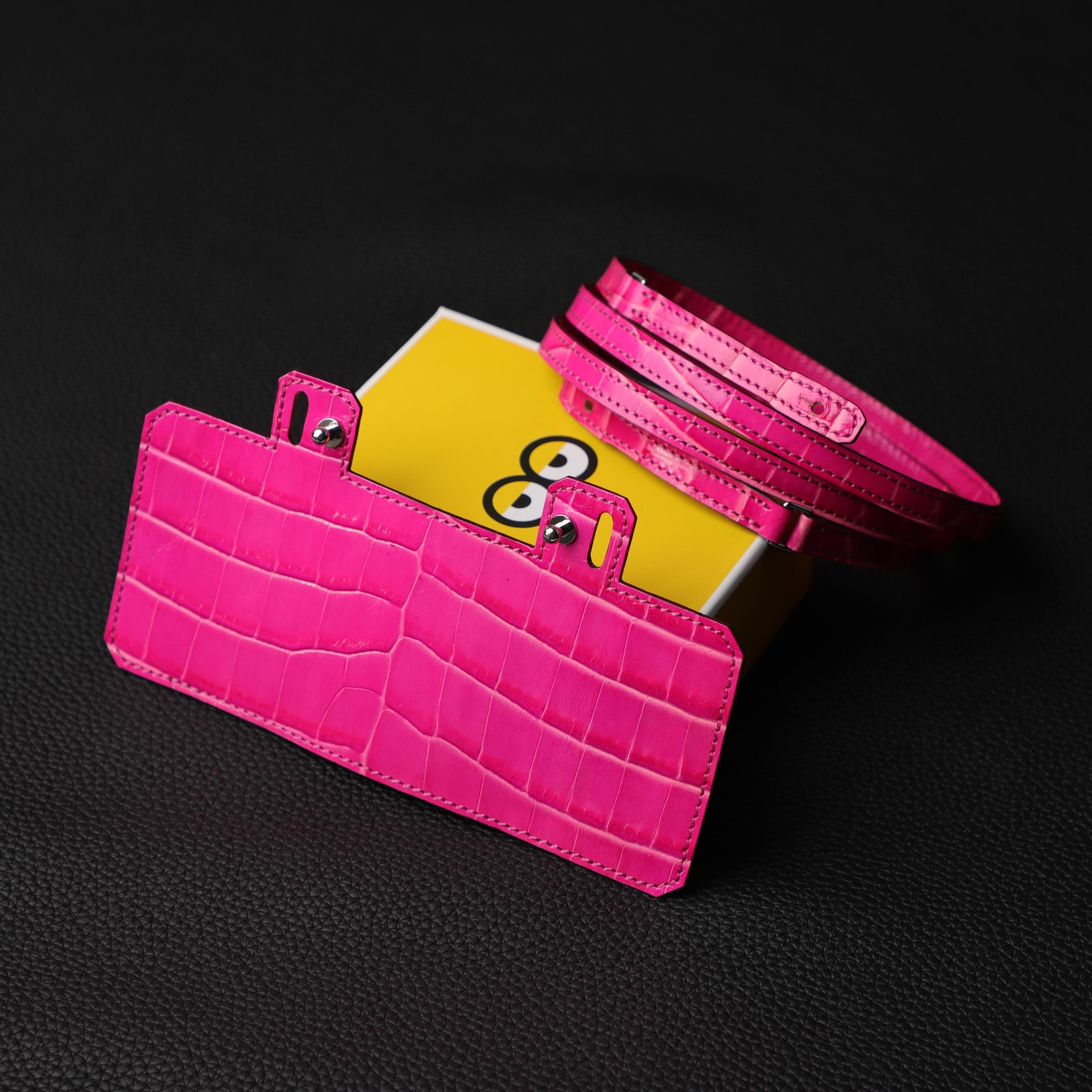 Rose Shocking Embossing crocodile kelly long wallet strap and Black Embossing Leather crocodile Constance Long wallet shoulder strap