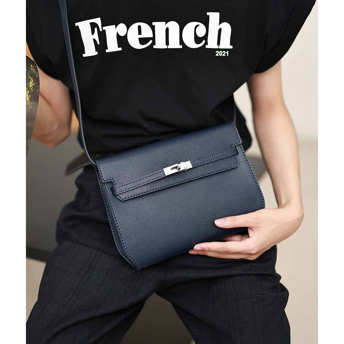 Genuine Leather Inspired Kelly Depeches Luxury Crossbody Bag in Navy Blue - Wirkin™
