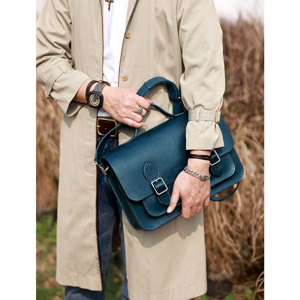 Men Blue Leather Large Satchel Messenger Bag Laptop Bag | Fun Leather Bag DIY Project for Beginners - Wirkin™