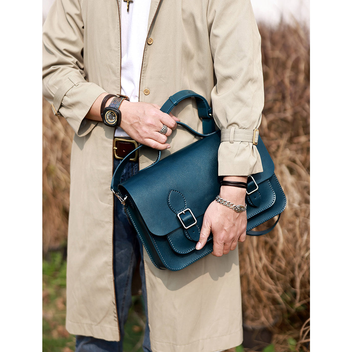 Men Blue Leather Large Satchel Messenger Bag Laptop Bag | Fun Leather Bag DIY Project for Beginners - Wirkin™