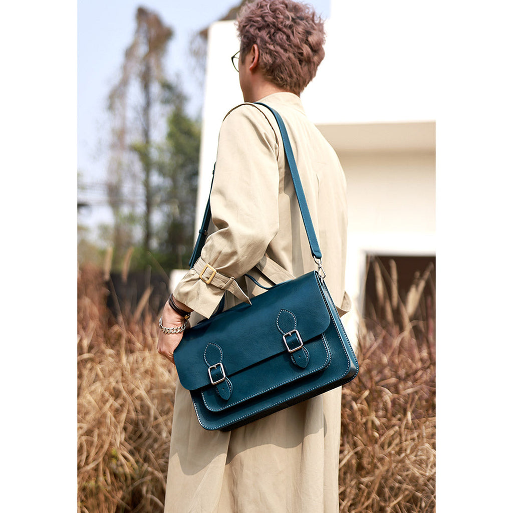 Peacock Blue Leather Satchel Shoulder Bag | Handmade Large Crossbody Bag Work Bag Briefcase for Men and Women - Wirkin™