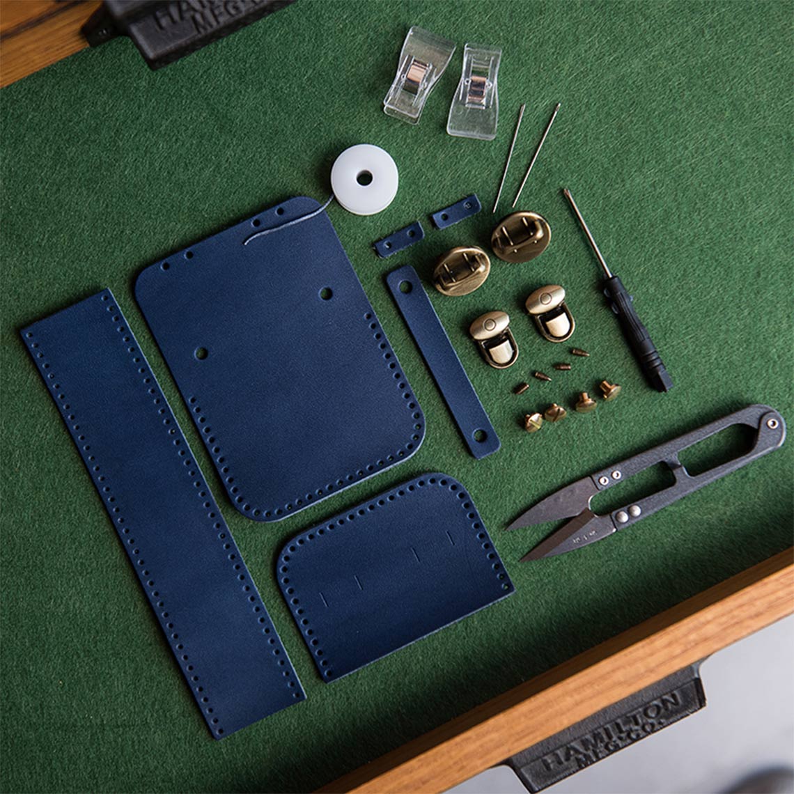 Blue leather diy kit | leather sewing kit | Mini satchel bag green | mini leather bag | Wirkin™