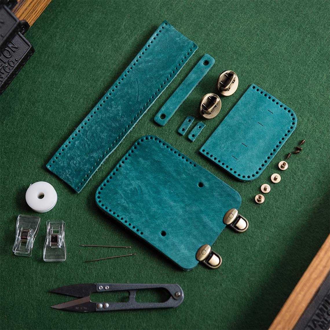 Peacock green leather diy kit | leather sewing kit | Wirkin™