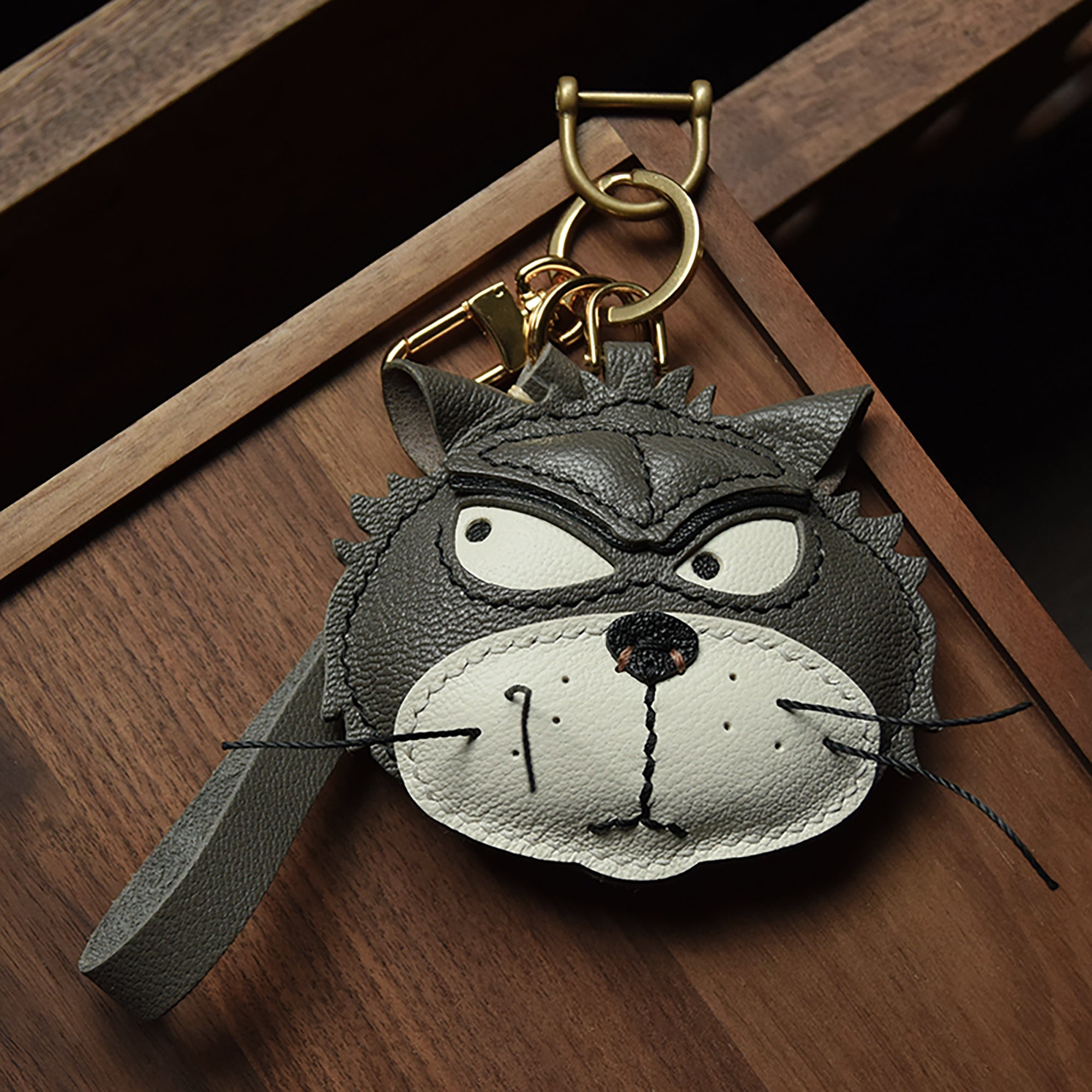Handmade Genuine Leather Car Keychain; Bag Charm - Angry Cat Design, Unique Style