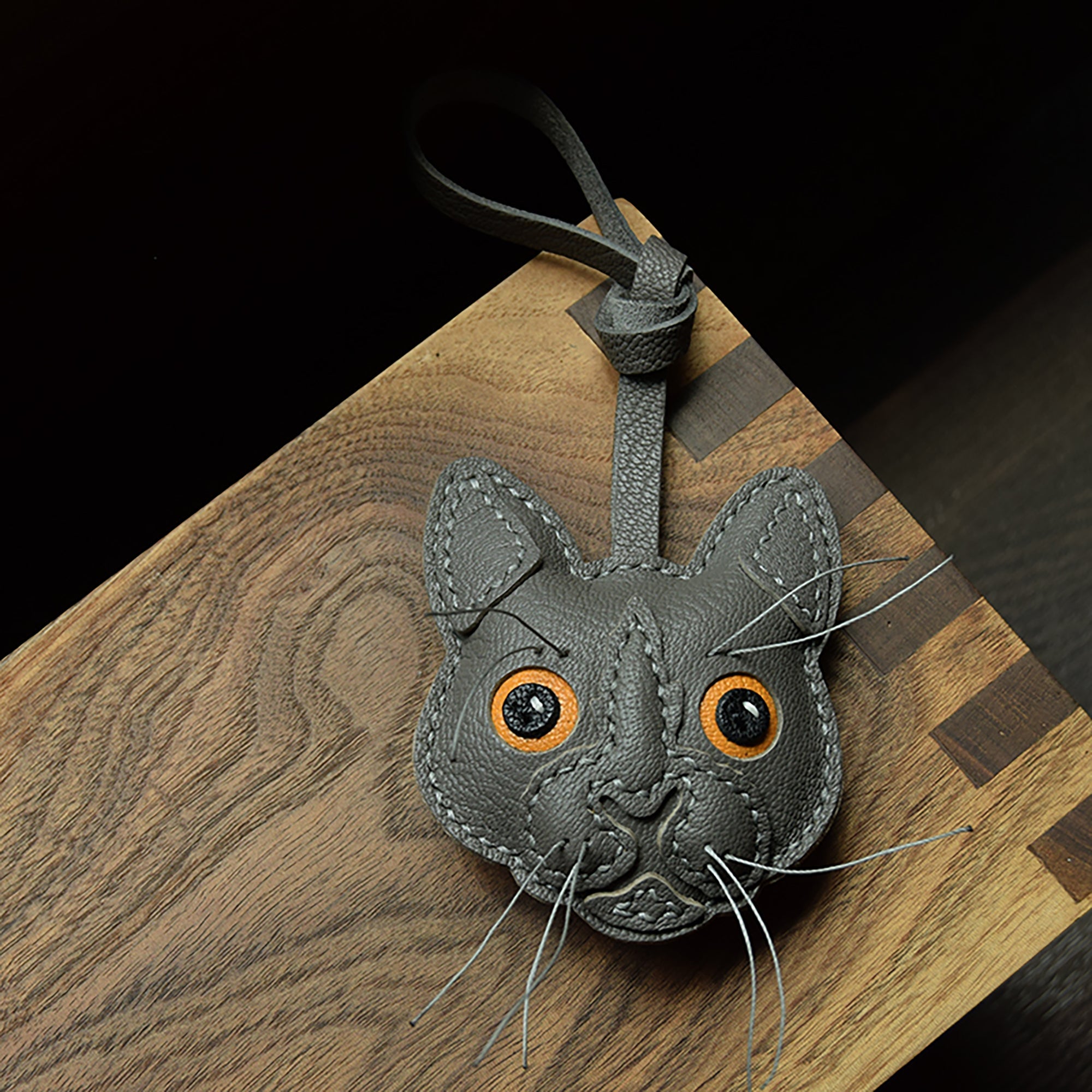 Handmade Genuine Leather Car Keychain; Bag Charm - Angry Cat Design, Unique Style