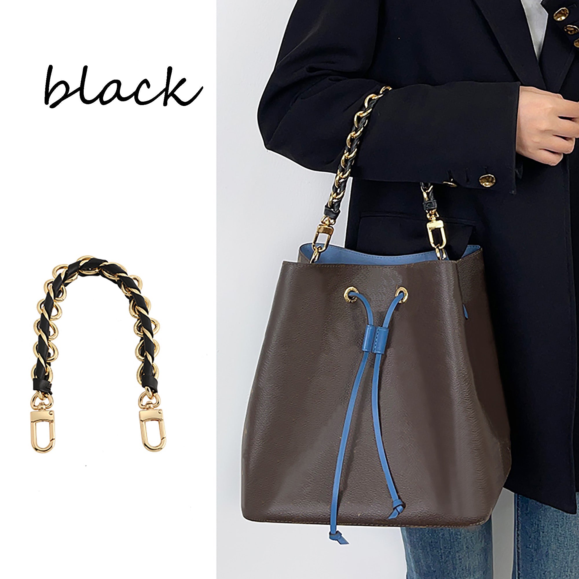 The NéoNoé bucket bag handbag strap, black genuine leather material underarm shoulder strap, and metal material fashionable underarm shoulder strap.