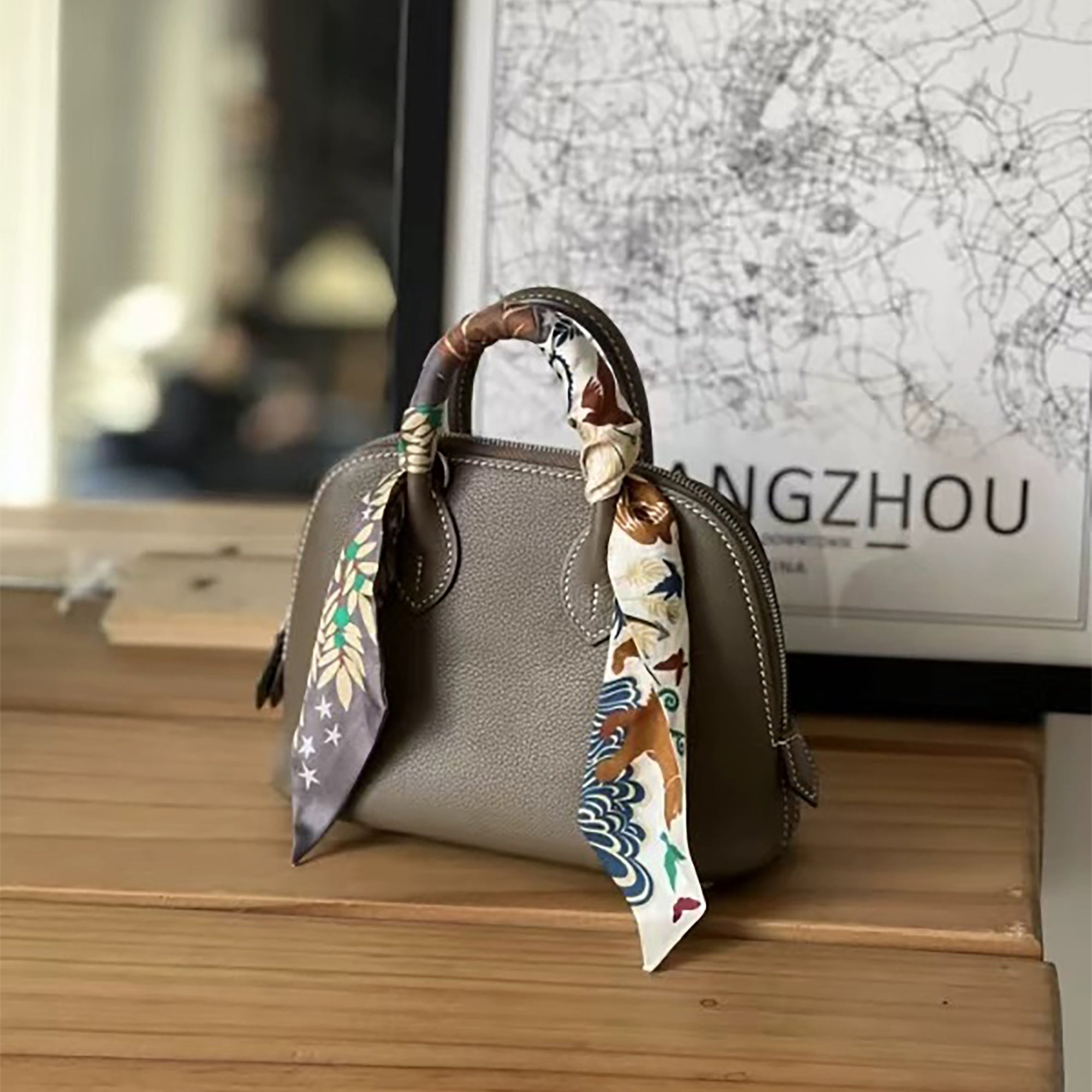 Grey Scarf Strap for Bags – Versatile Silk Ribbon, Can Also Be Worn as Neck Accessory