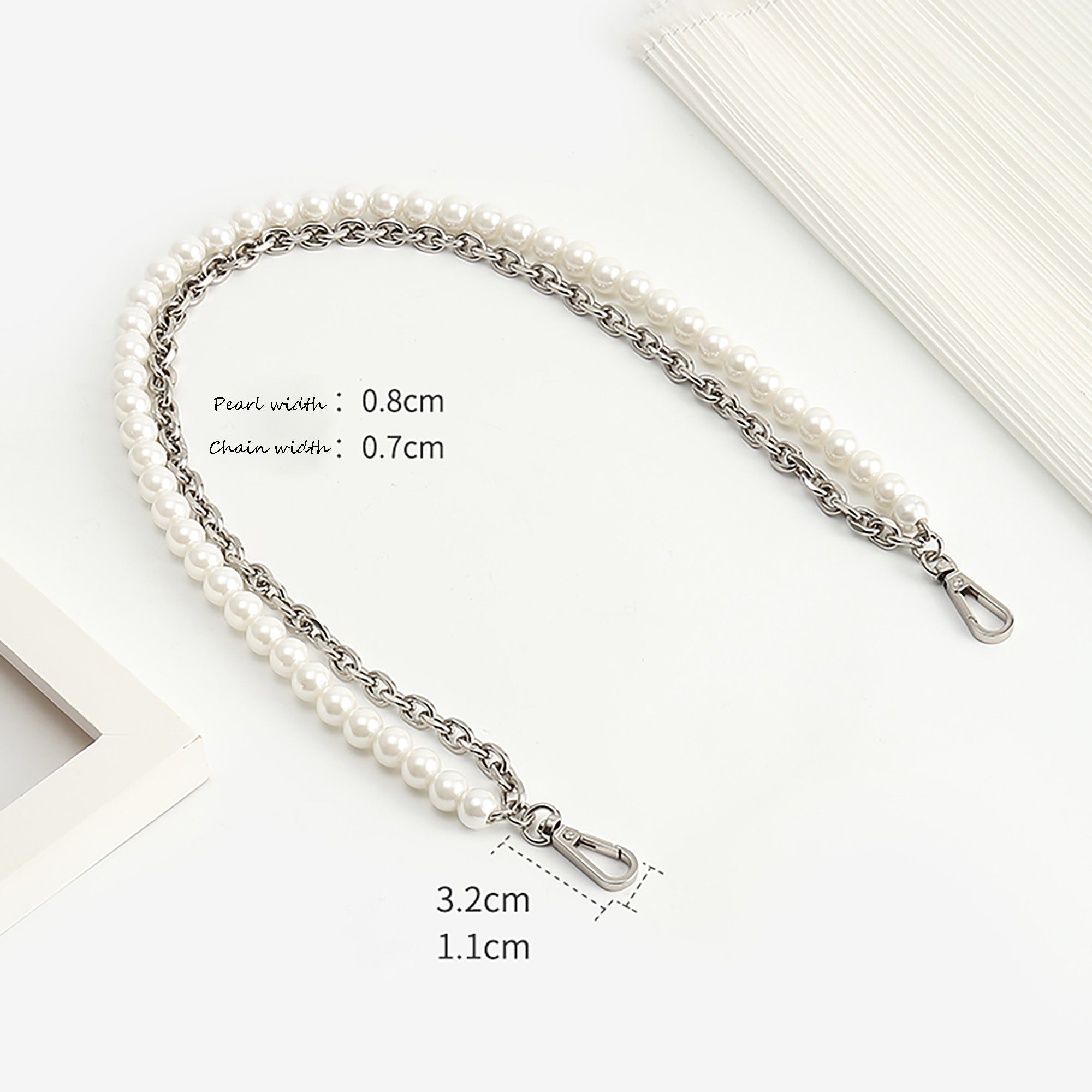 Makeup bag pearl chain accessory, short underarm chain for bag modification, metal bag chain.