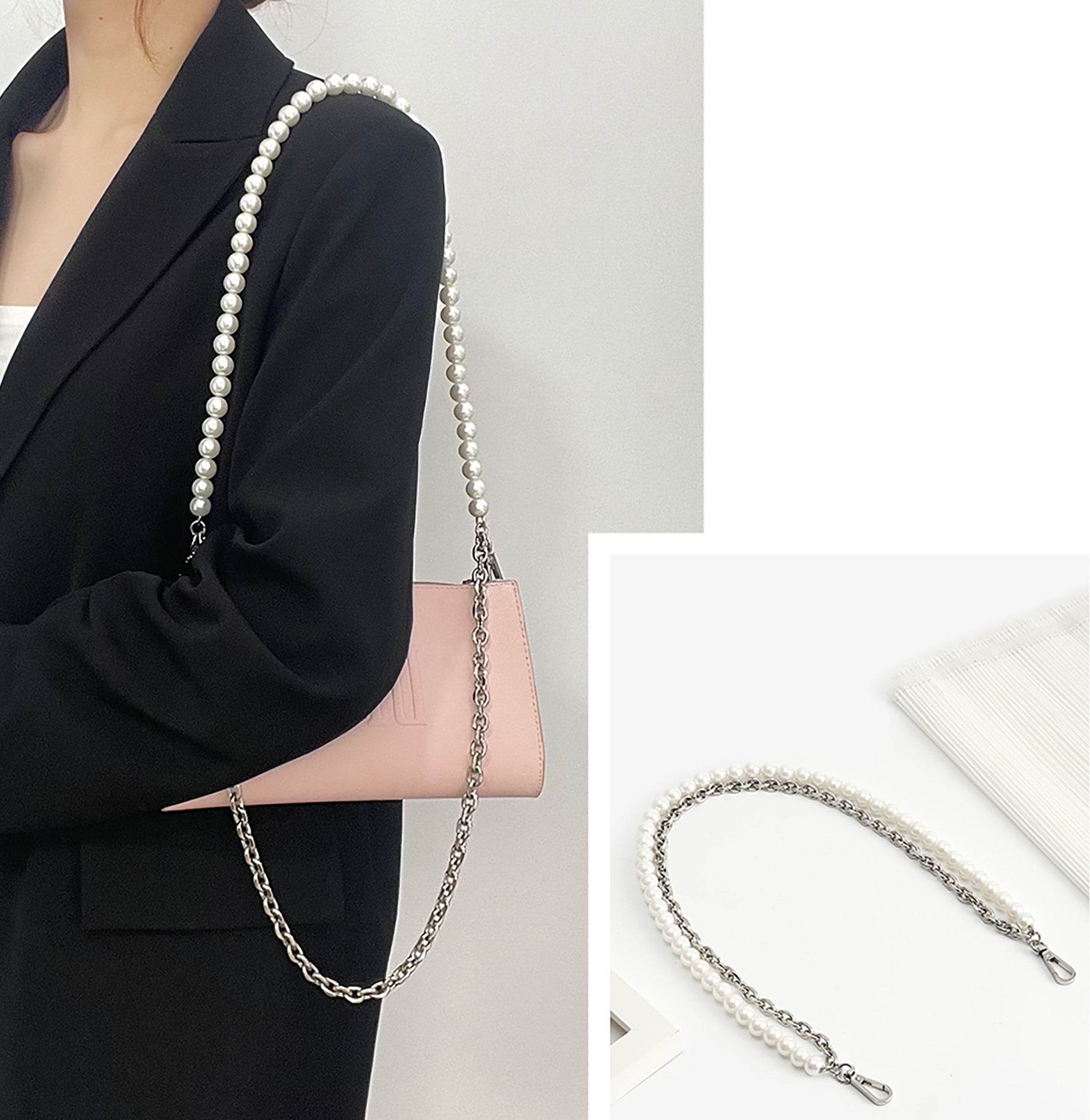 Makeup bag pearl chain accessory, short underarm chain for bag modification, metal bag chain.