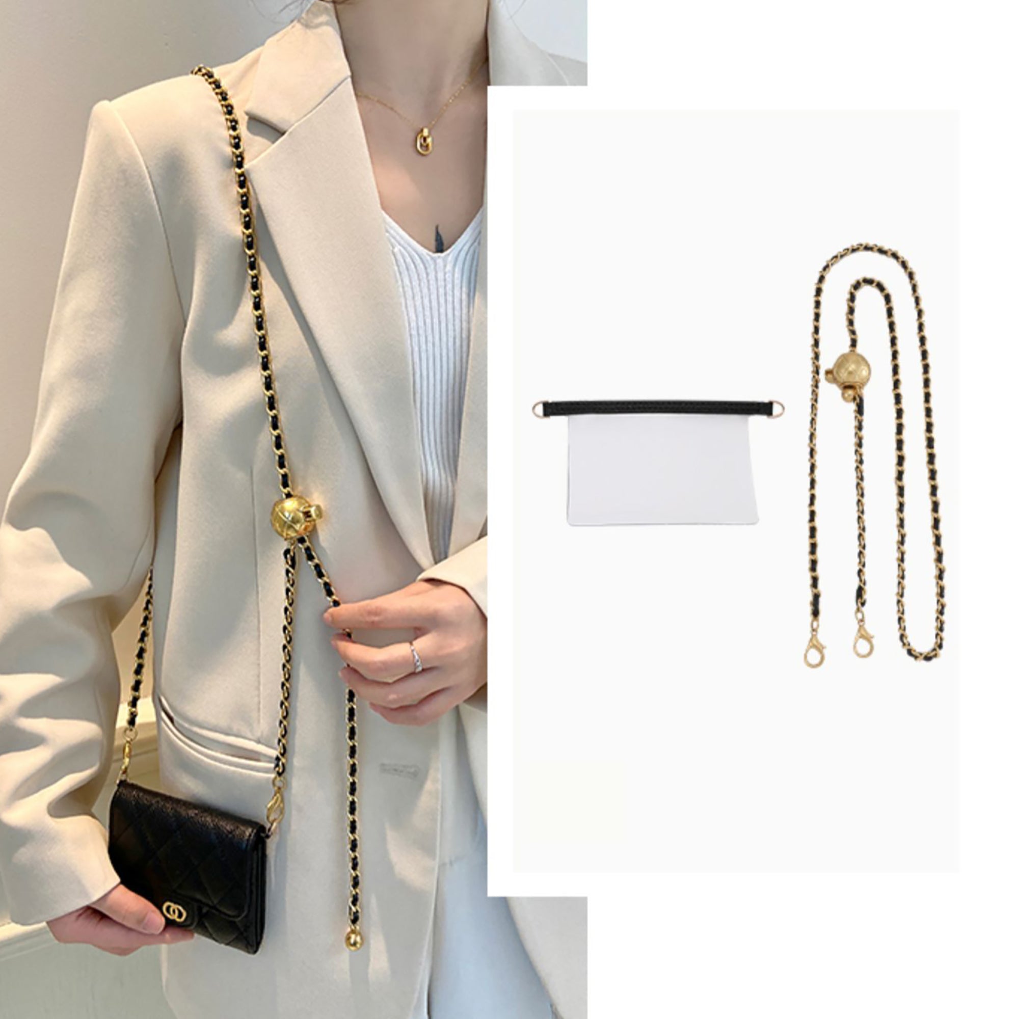 Handmade Gold Ball Chain Strap with Clear Liner for Wallet & Purse Transformation – Customizable Short Shoulder Strap for Women