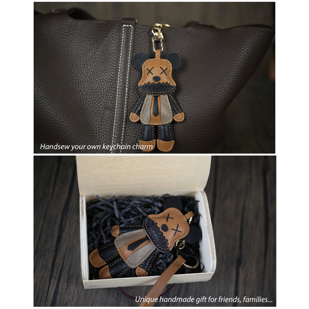 Classic Brown Leather Little Bear Keychain | Luxury Leather Bag Charm in Brown - Wirkin™