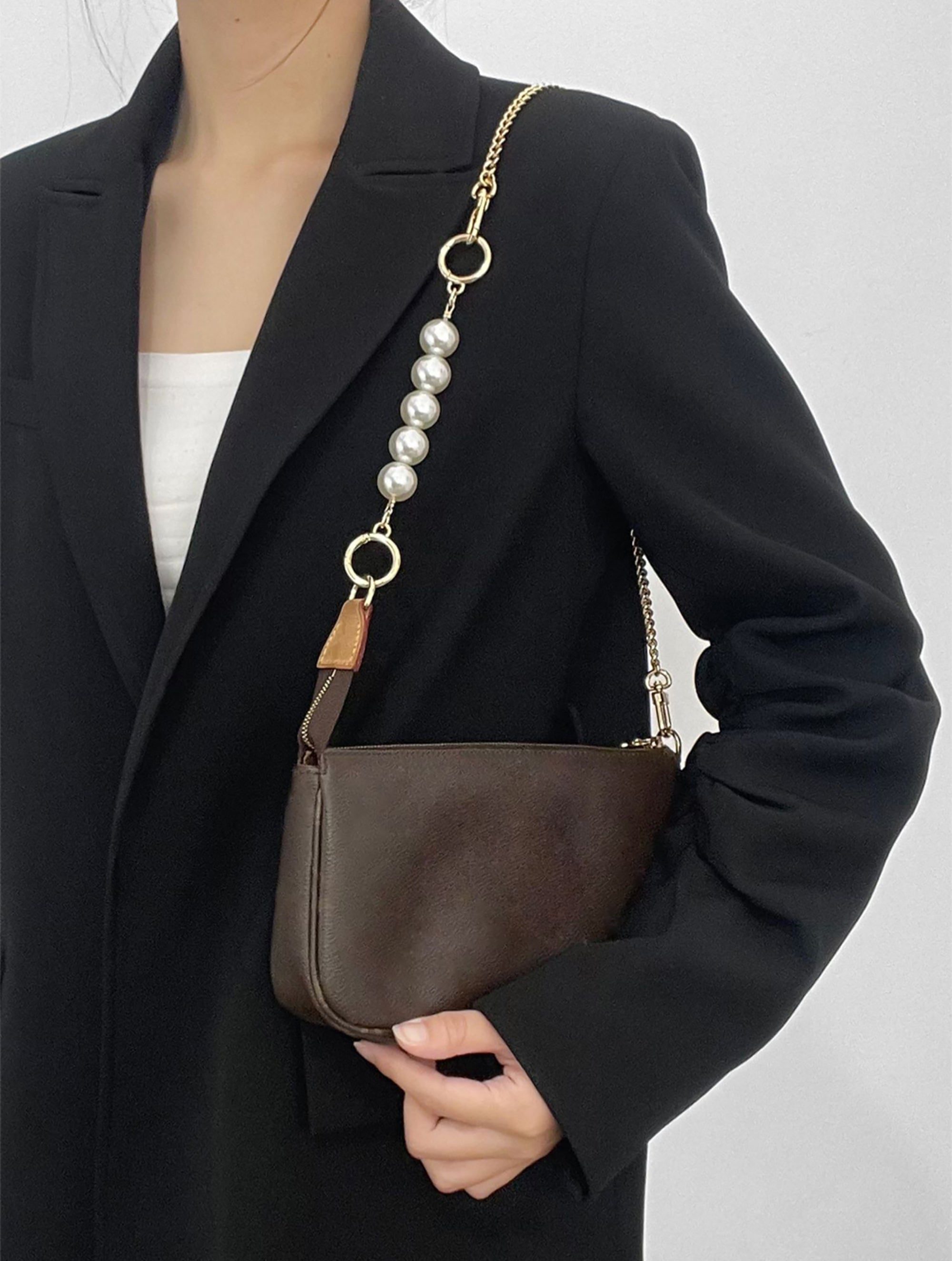 Underarm bag strap extension accessory, pearl extension chain, metal chain strap modification for bags.