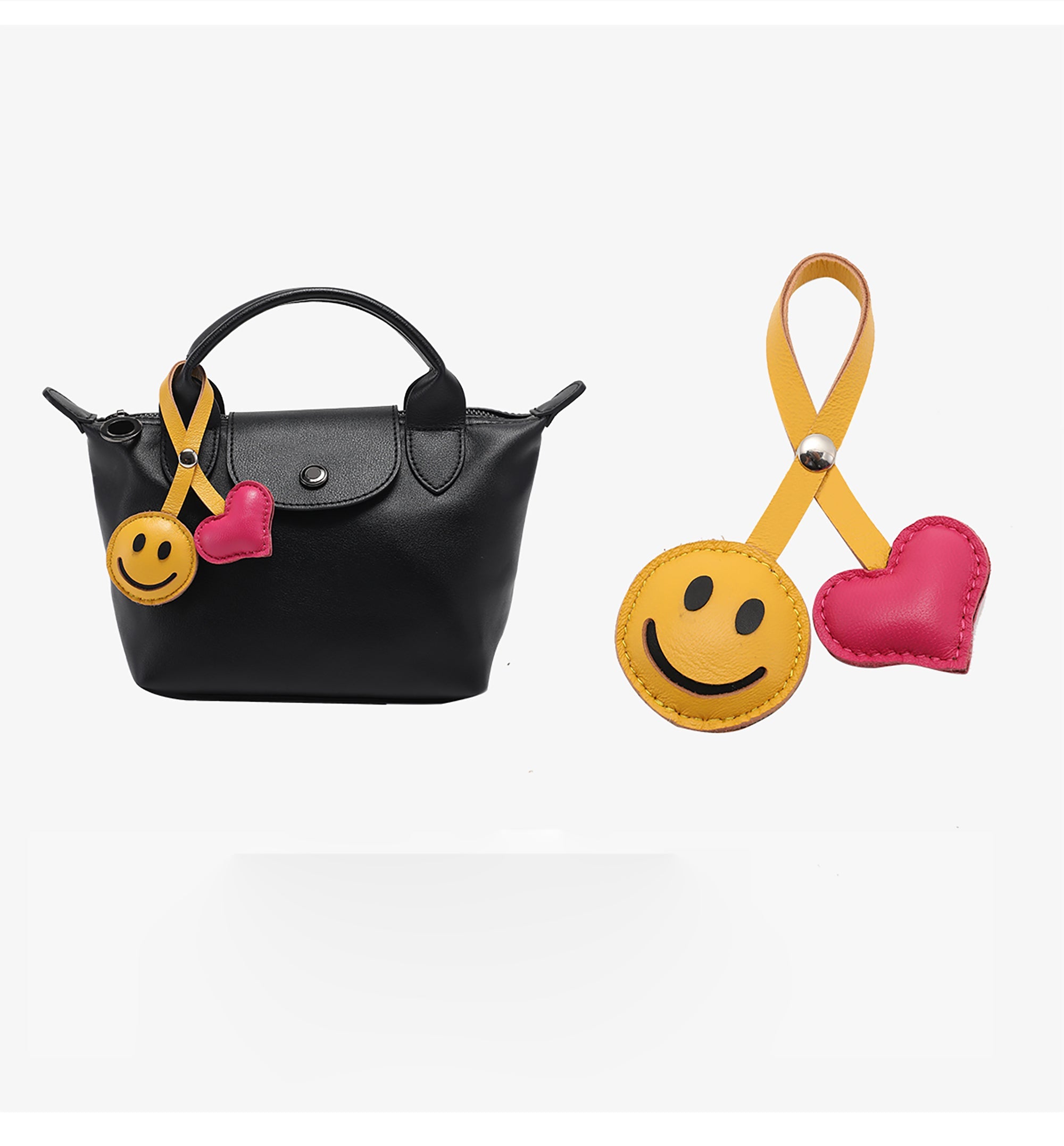 The Pliage Energy Bag Charm, genuine leather bag charm, smiley face style bag accessory,Yellow keychain