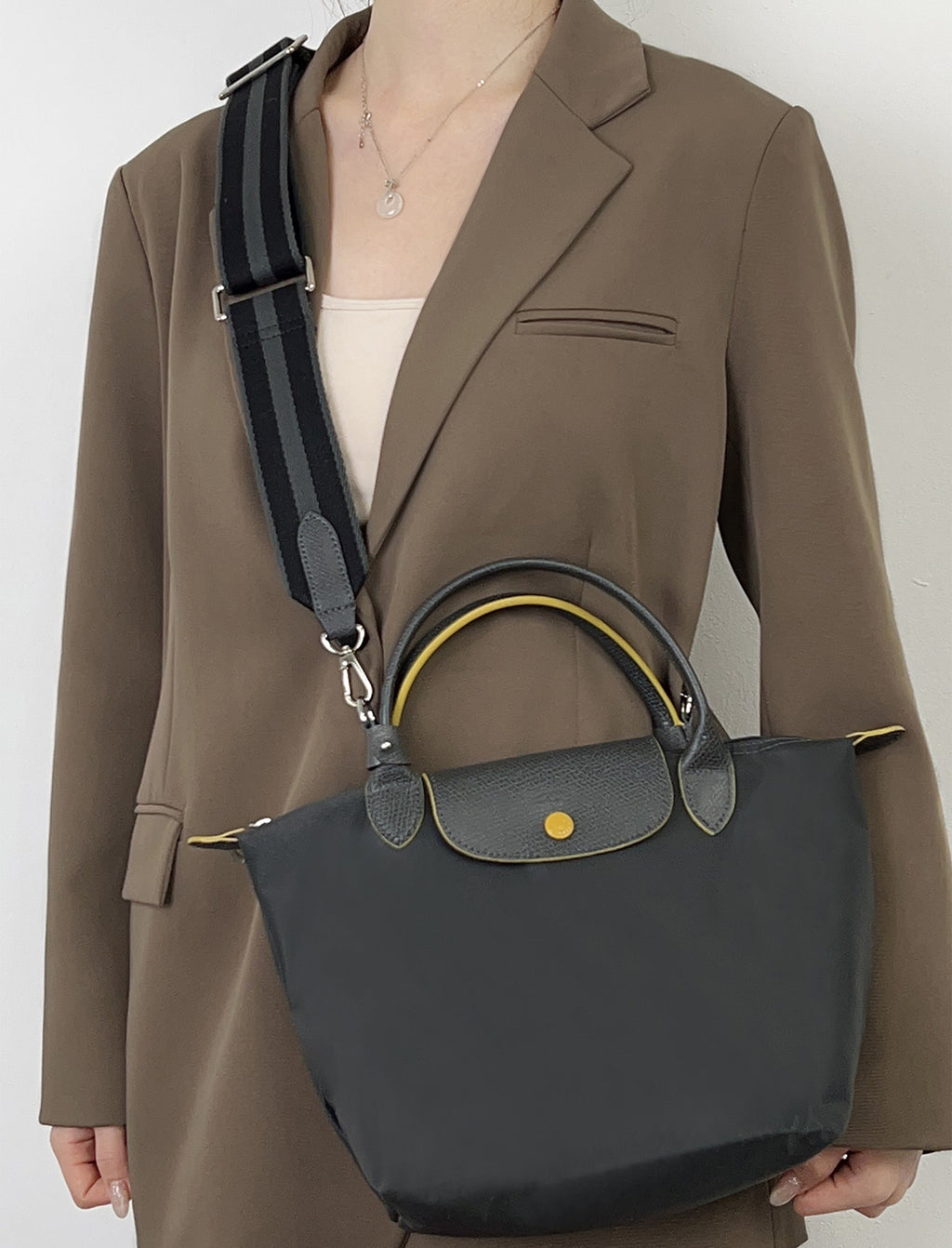Le Pliage Energy bag adjustable bag strap,canves 4.7cm wide canvas straps, diagonal stripes instead of straps