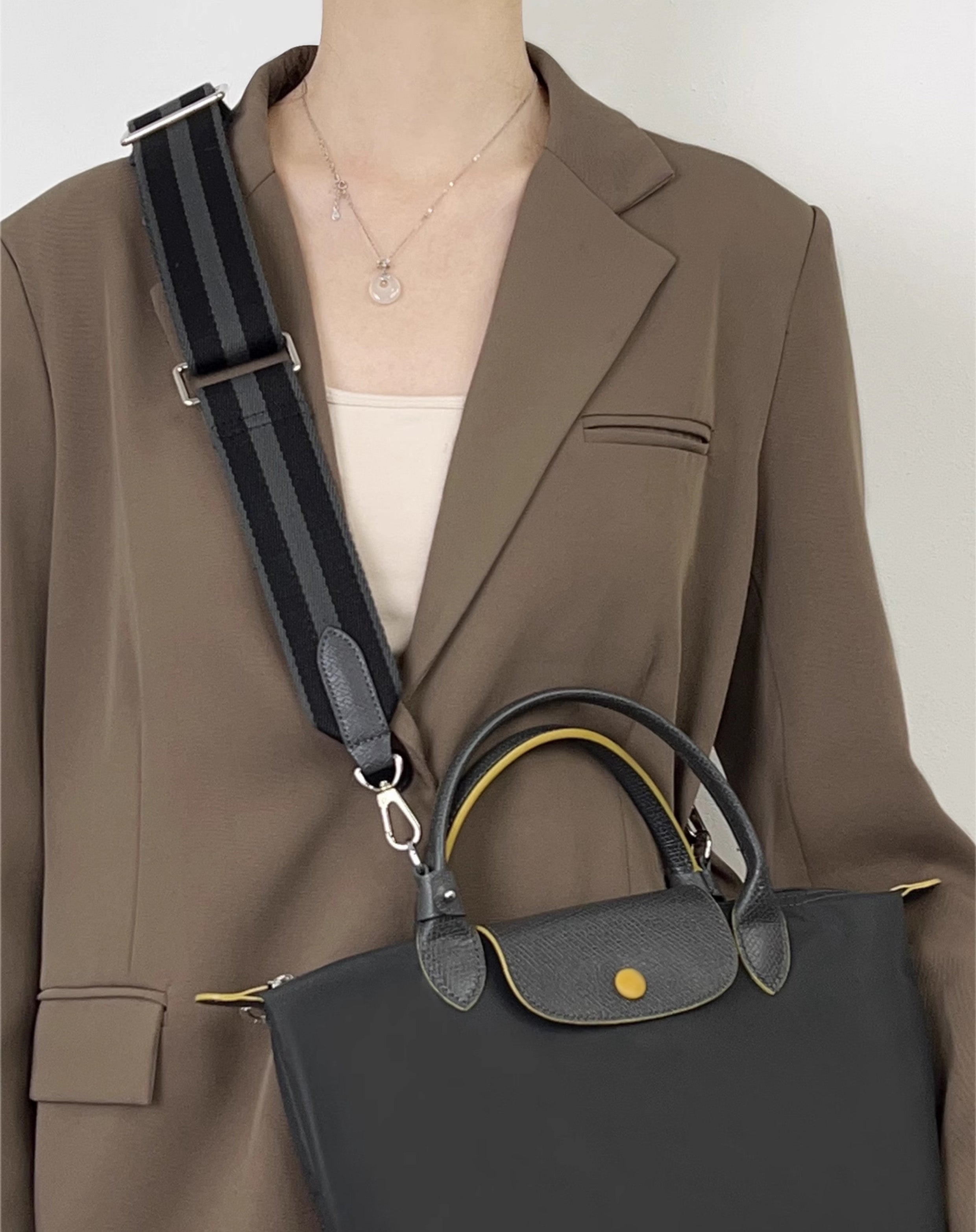 Le Pliage Energy bag adjustable bag strap,canves 4.7cm wide canvas straps, diagonal stripes instead of straps
